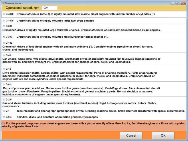 The balancing tolerance calculator in the Balanset-1A software