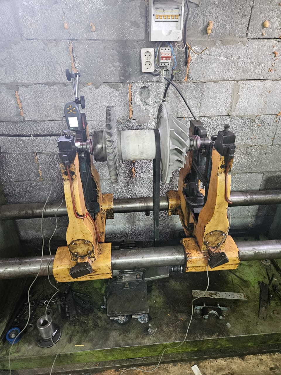 Modernized balancing stand with Balanset-1A OEM working on a rotor.